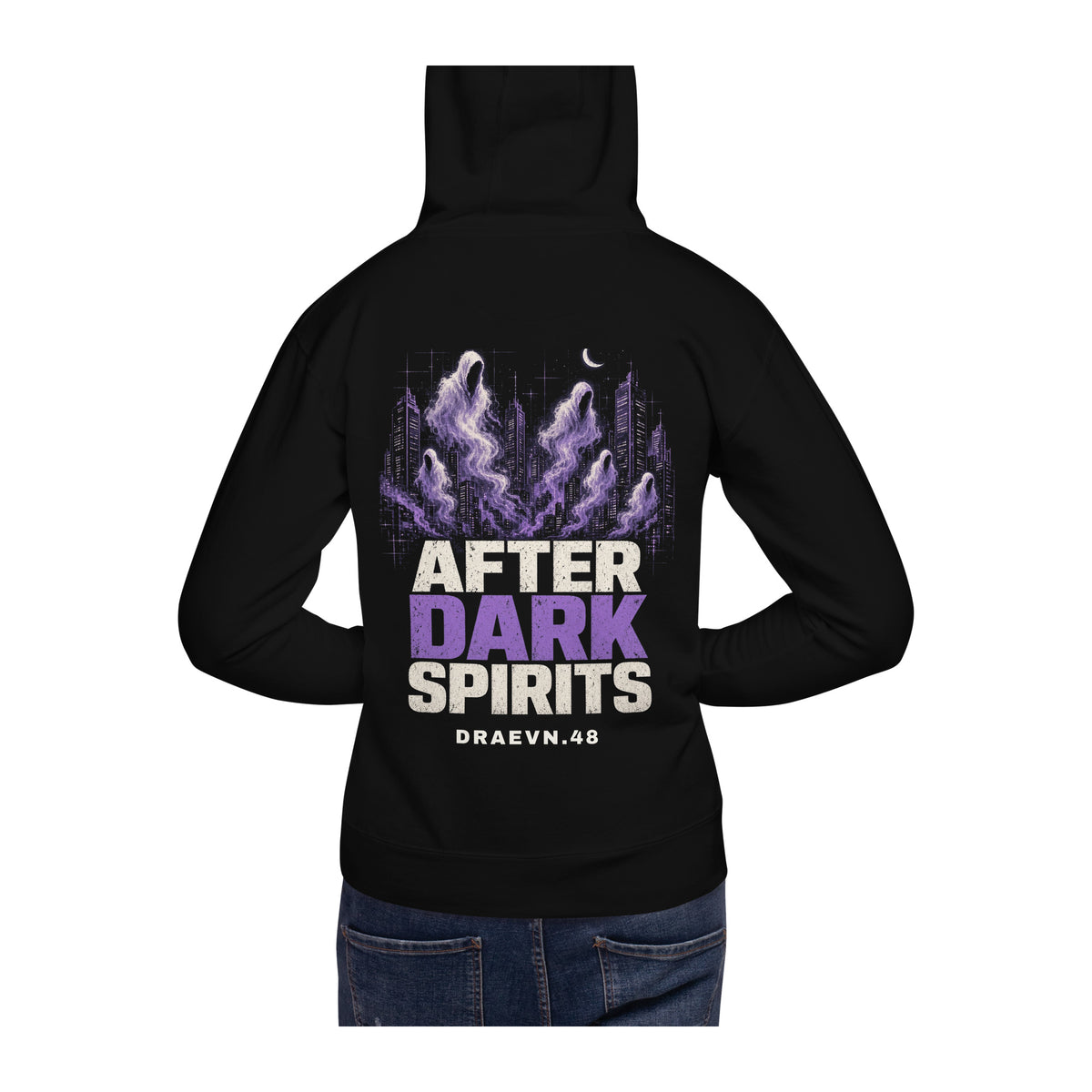 DRAEVN.48 After Dark Spirits Hoodie – Halloween Limited worn by model, white background
