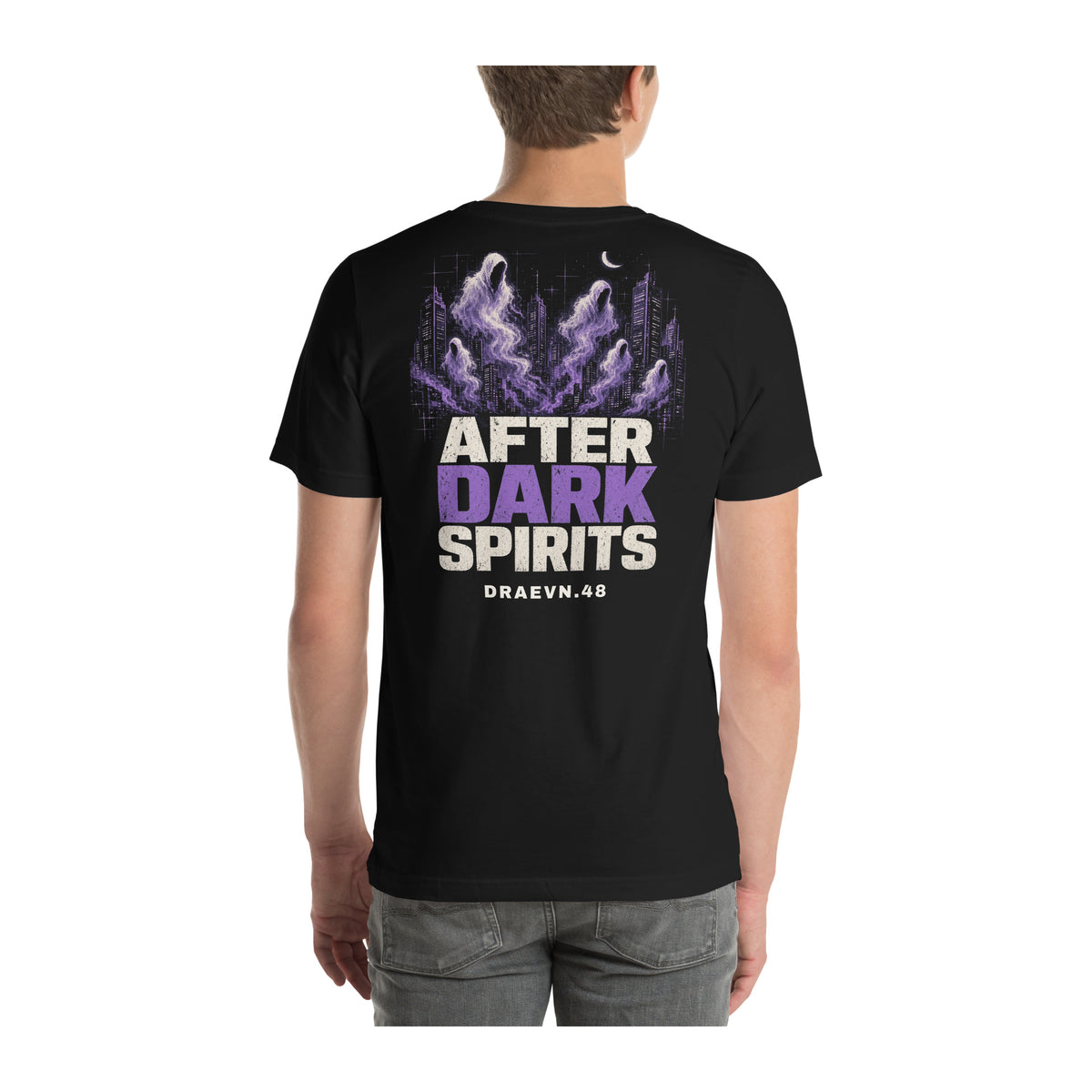 DRAEVN.48 After Dark Spirits Tee – Halloween Limited worn by model, white background