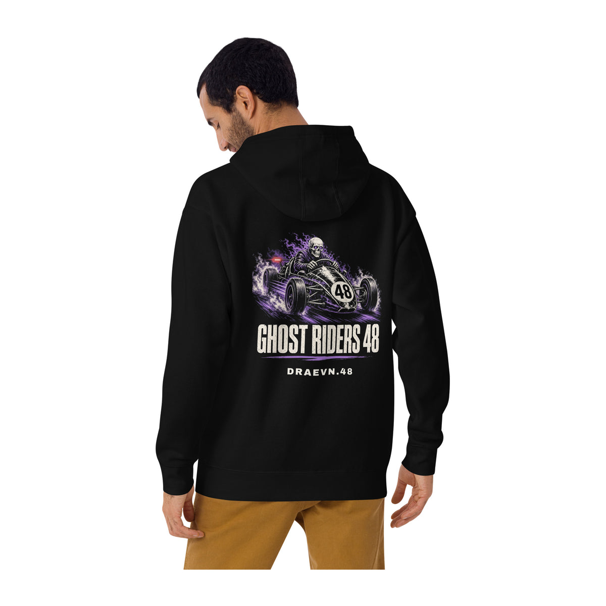 DRAEVN.48 Ghost Riders 48 Hoodie – Halloween Limited worn by model, white background