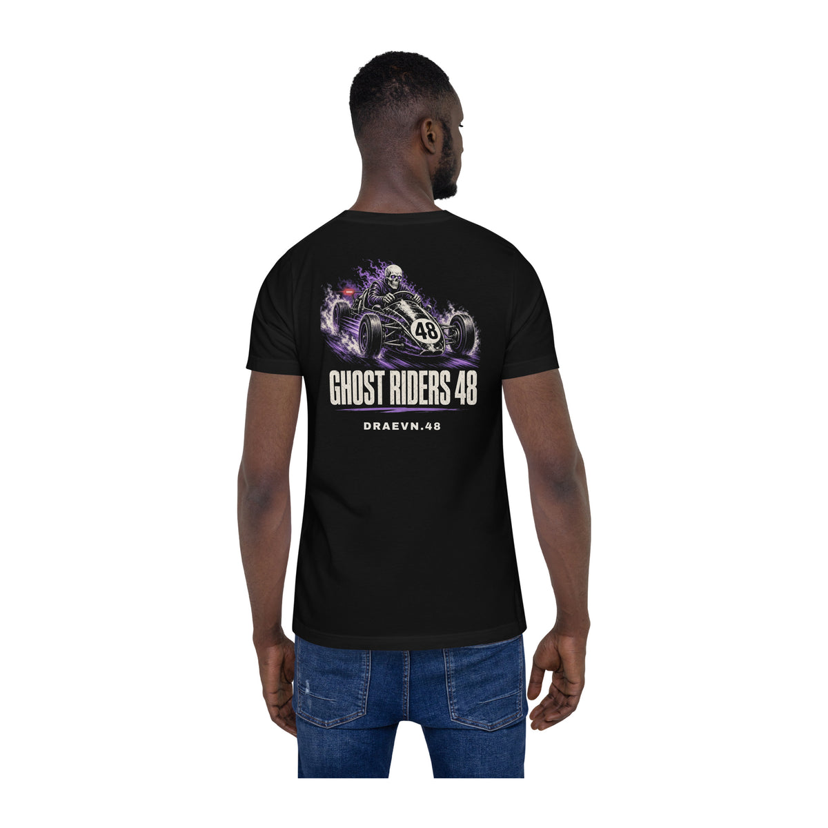 DRAEVN.48 Ghost Riders 48 Tee – Halloween Limited worn by model, white background