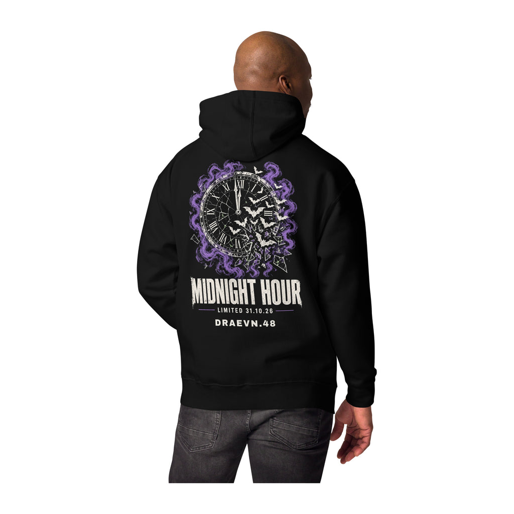 DRAEVN.48 Midnight Hour Hoodie – Halloween Limited worn by model, white background