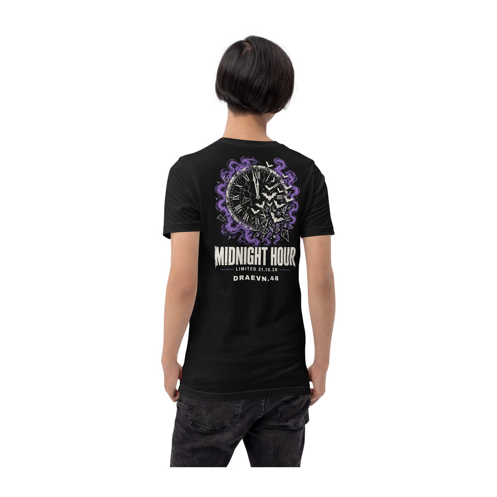 DRAEVN.48 Midnight Hour Tee – Halloween Limited worn by model, white background