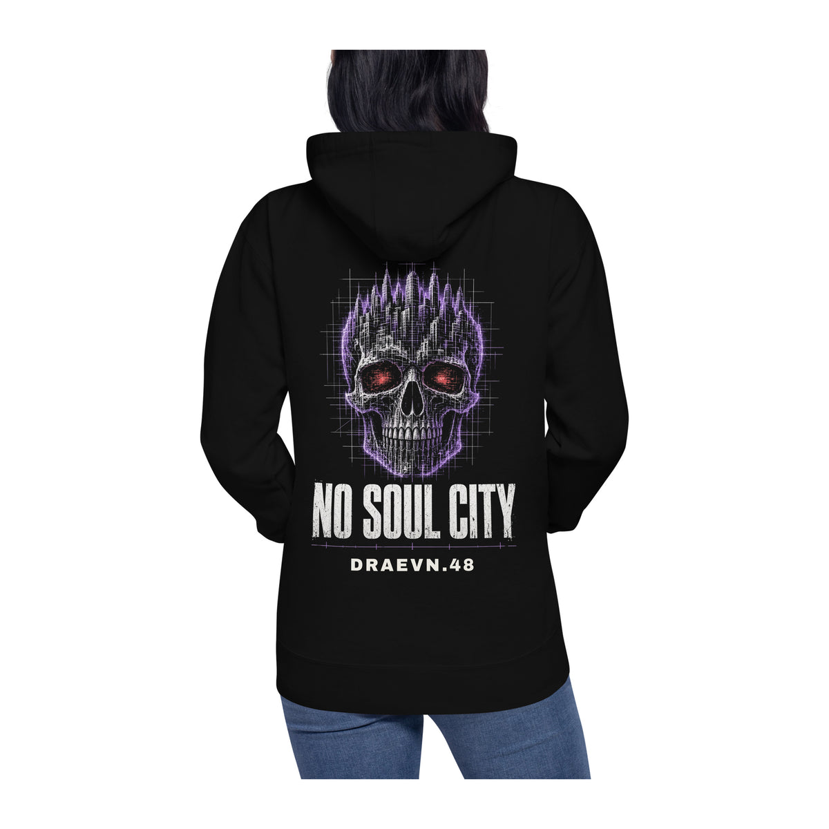 DRAEVN.48 No Soul City Hoodie – Halloween Limited worn by model, white background