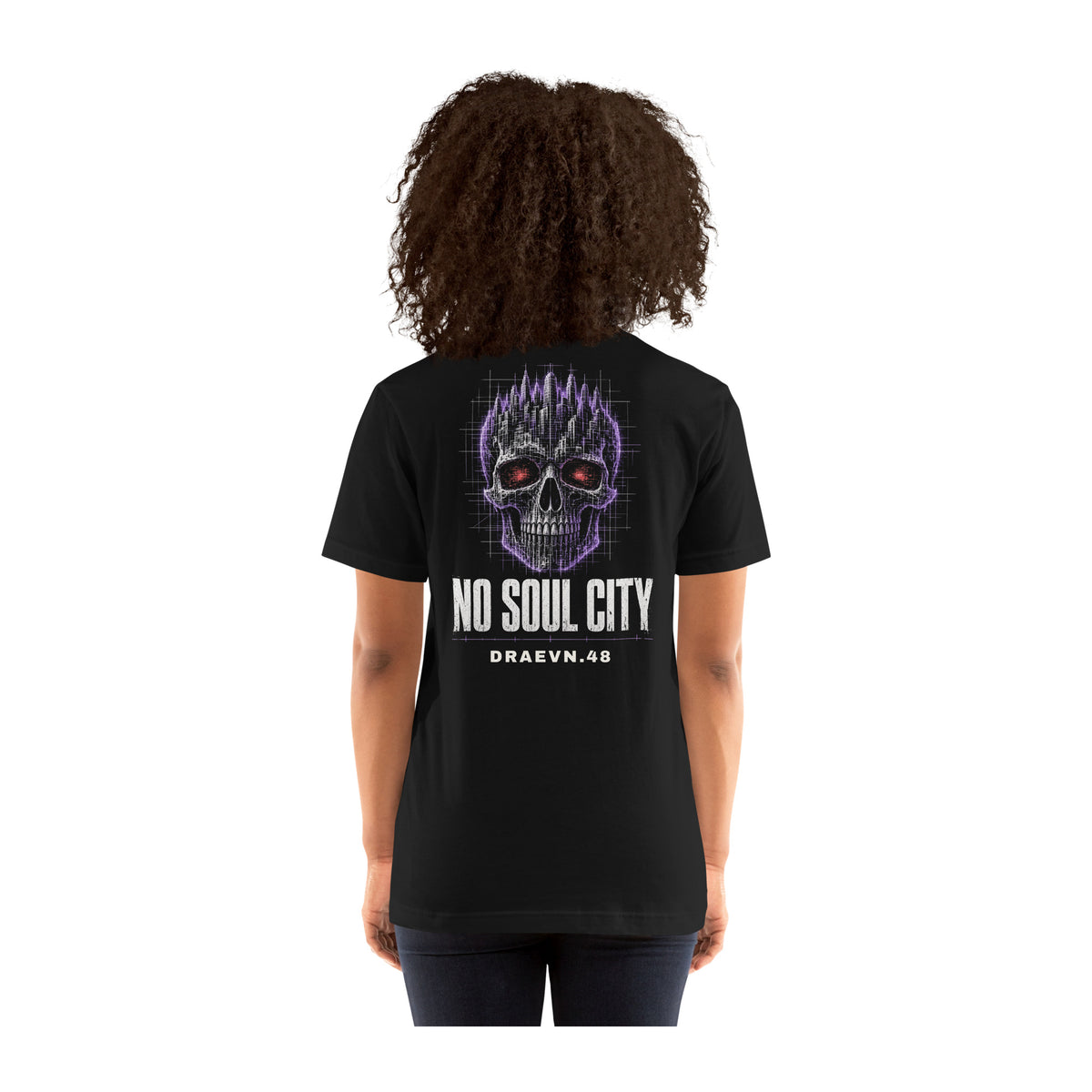 DRAEVN.48 No Soul City Tee – Halloween Limited worn by model, white background