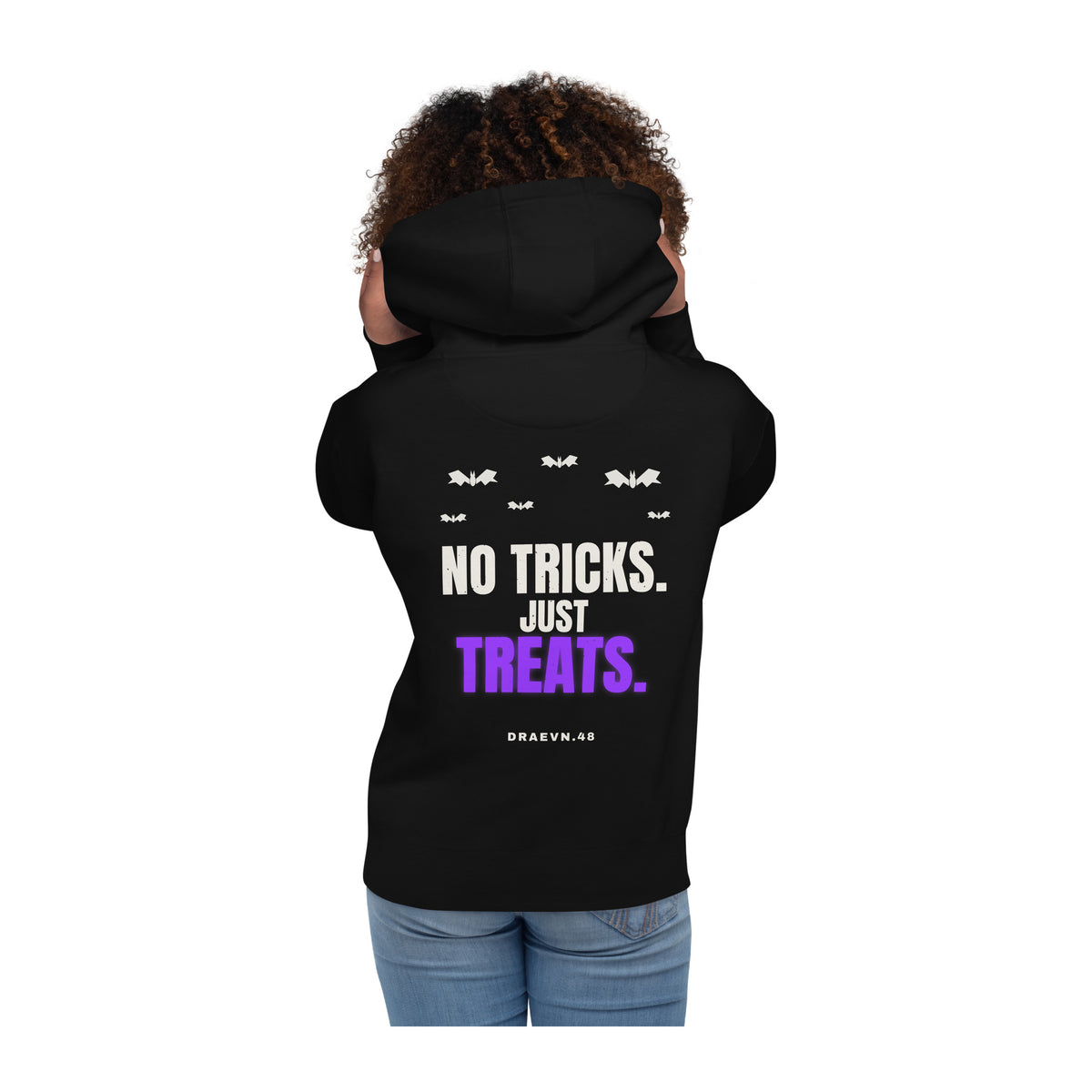 DRAEVN.48 No Tricks Just Treats Hoodie – Halloween Limited worn by model, white background