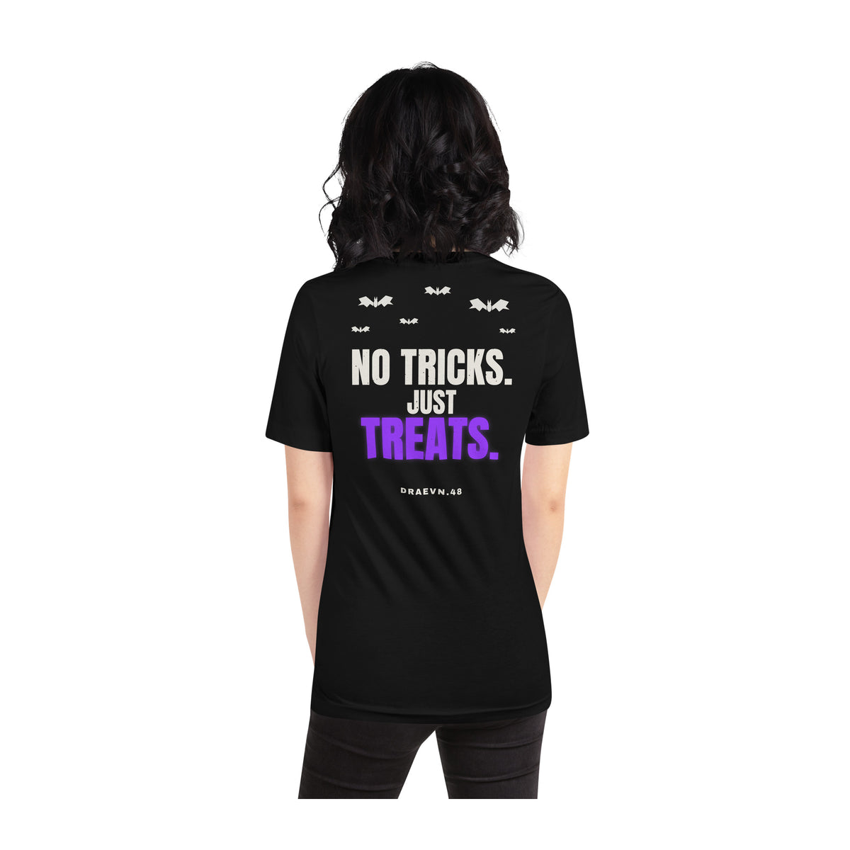 DRAEVN.48 No Tricks Just Treats Tee – Halloween Limited worn by model, white background