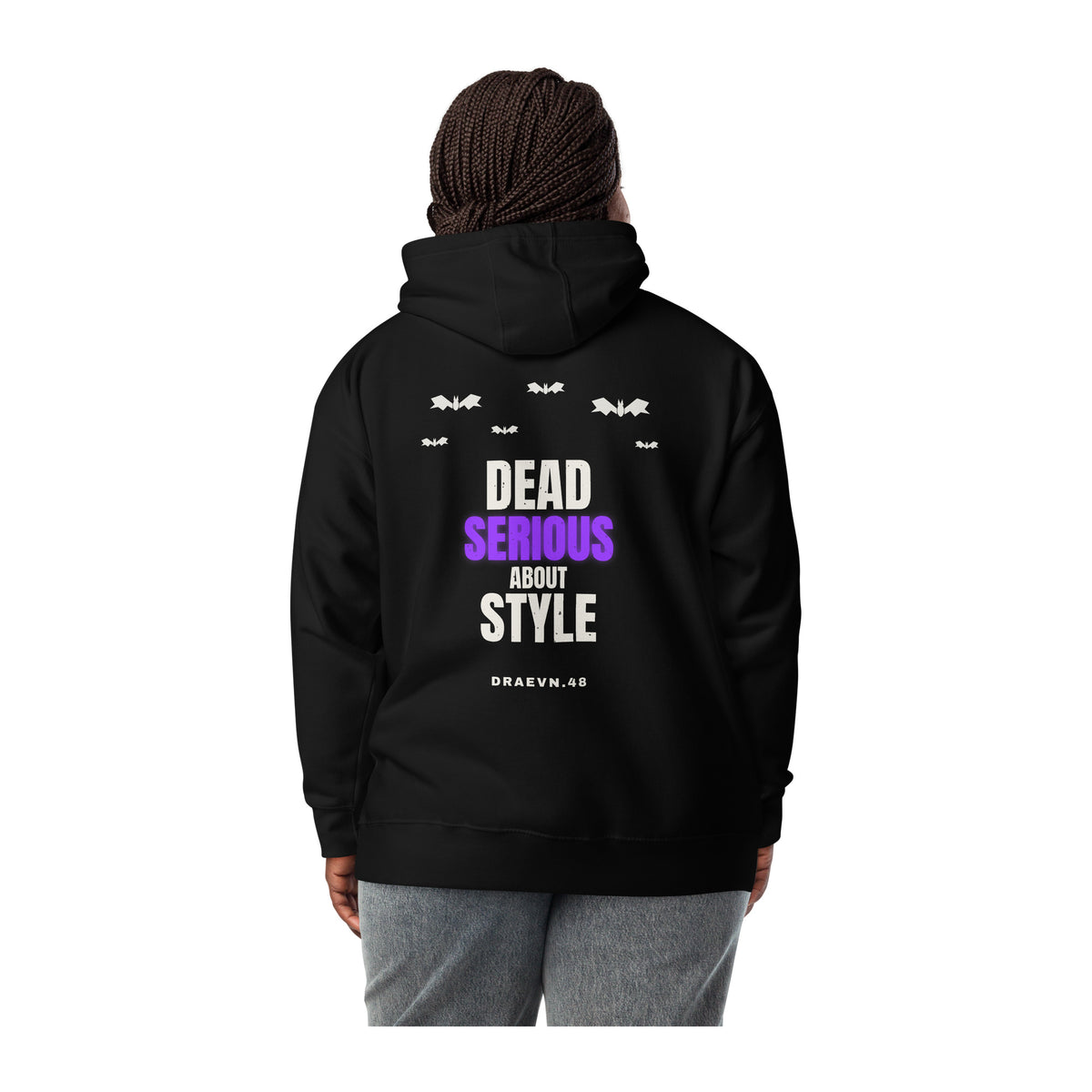 DRAEVN.48 Dead Serious About Style Hoodie – Halloween Limited worn by model, white background