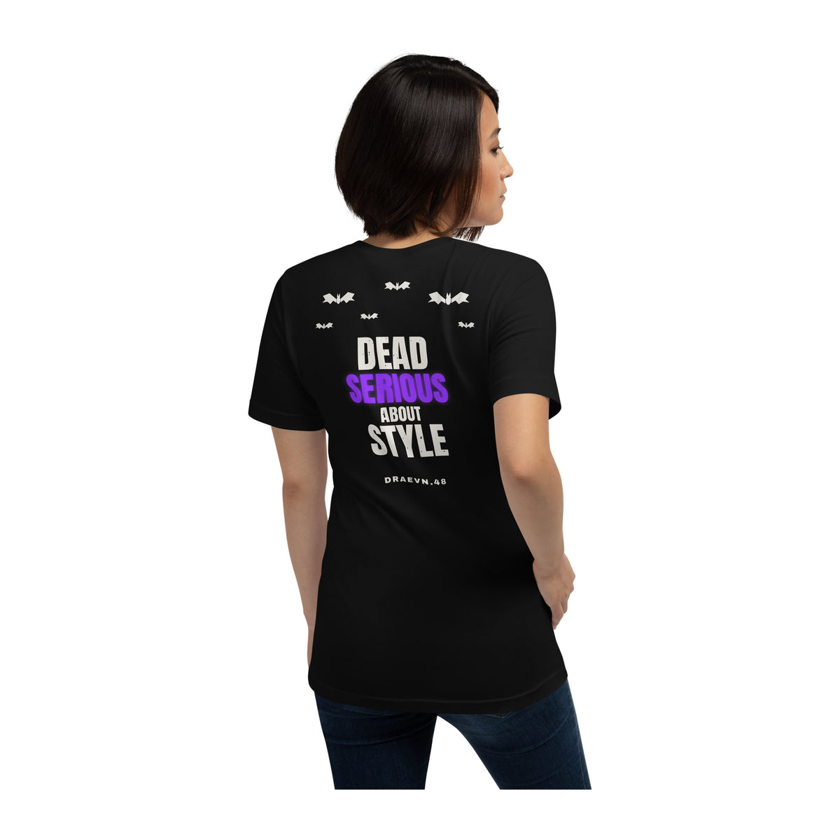 DRAEVN.48 Dead Serious About Style Tee – Halloween Limited worn by model, white background