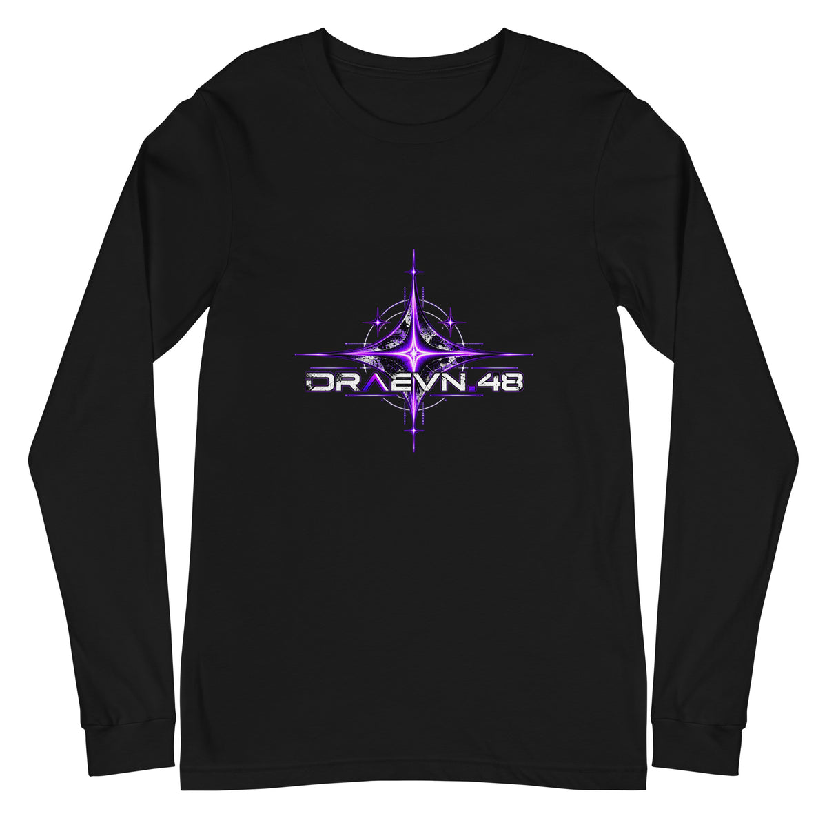 Black long sleeve tee with ultraviolet celestial emblem and DRAEVN.48 wordmark on the chest, flat lay front view