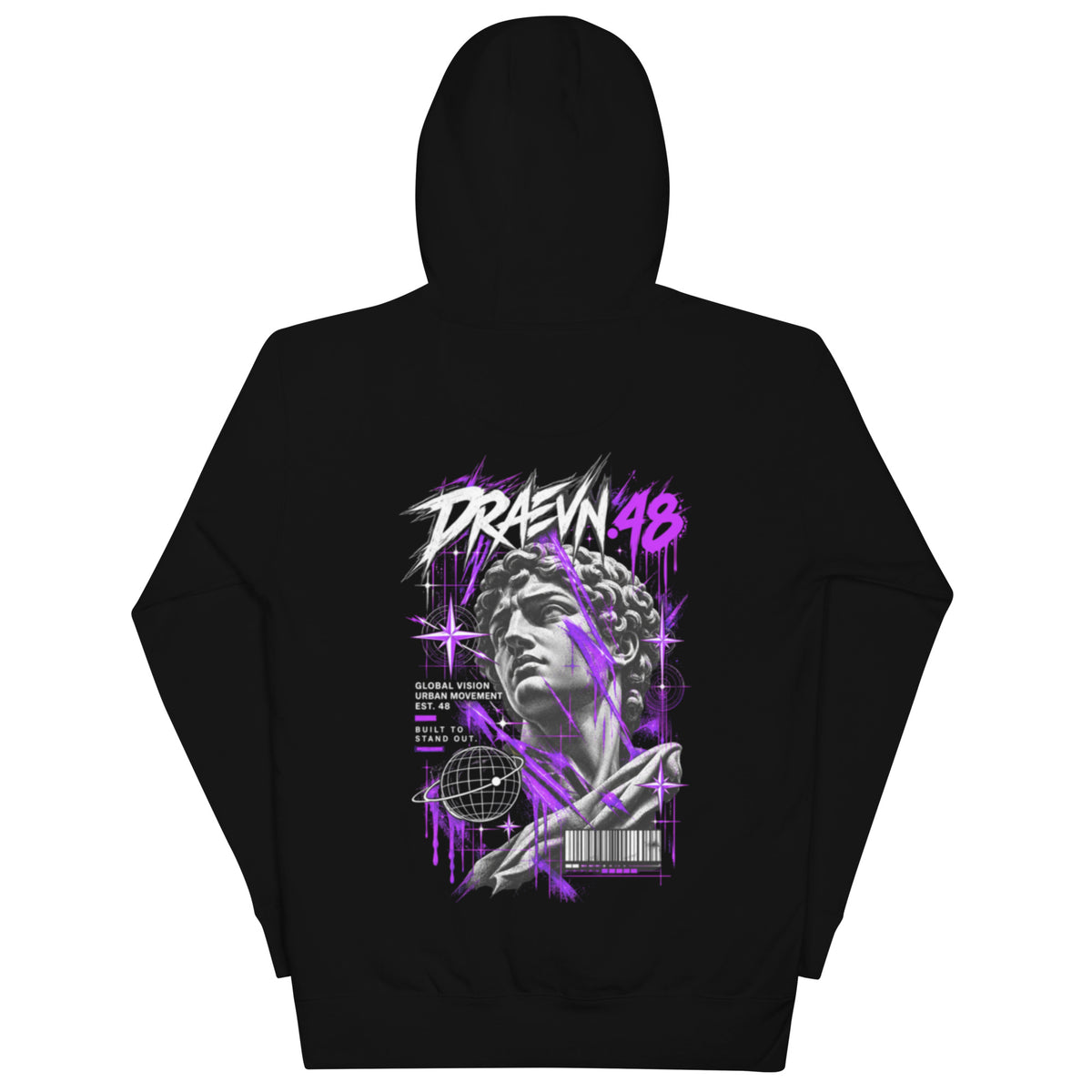 DRAEVN.48 — Drop 001 Graphic Hoodie – Black, back view