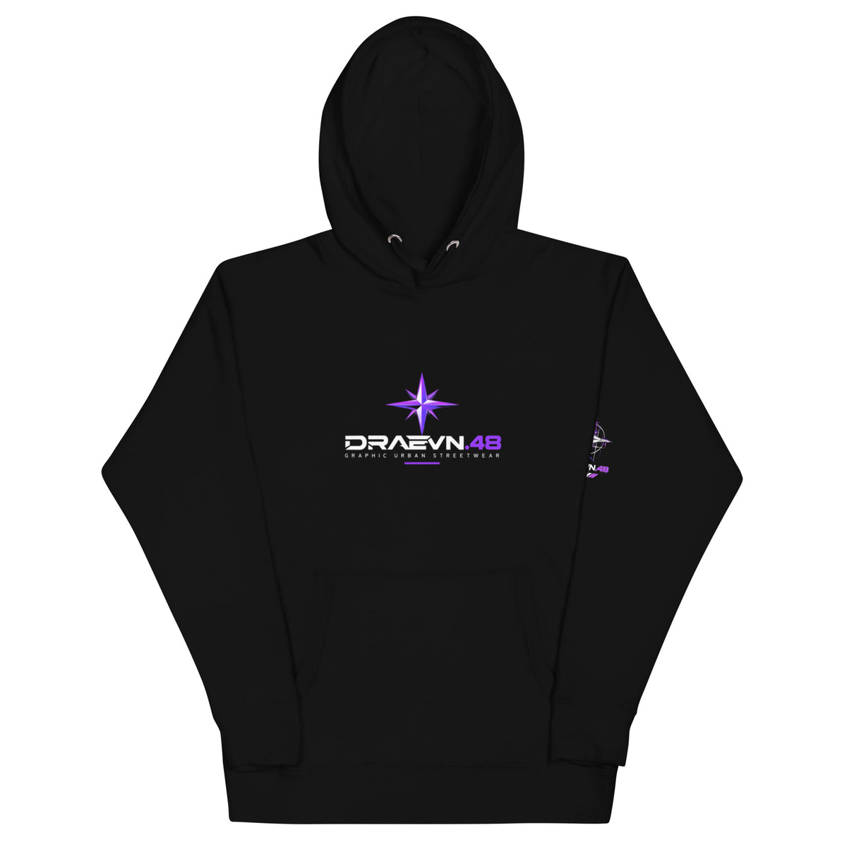 DRAEVN.48 — Drop 001 Graphic Hoodie – Black, front view