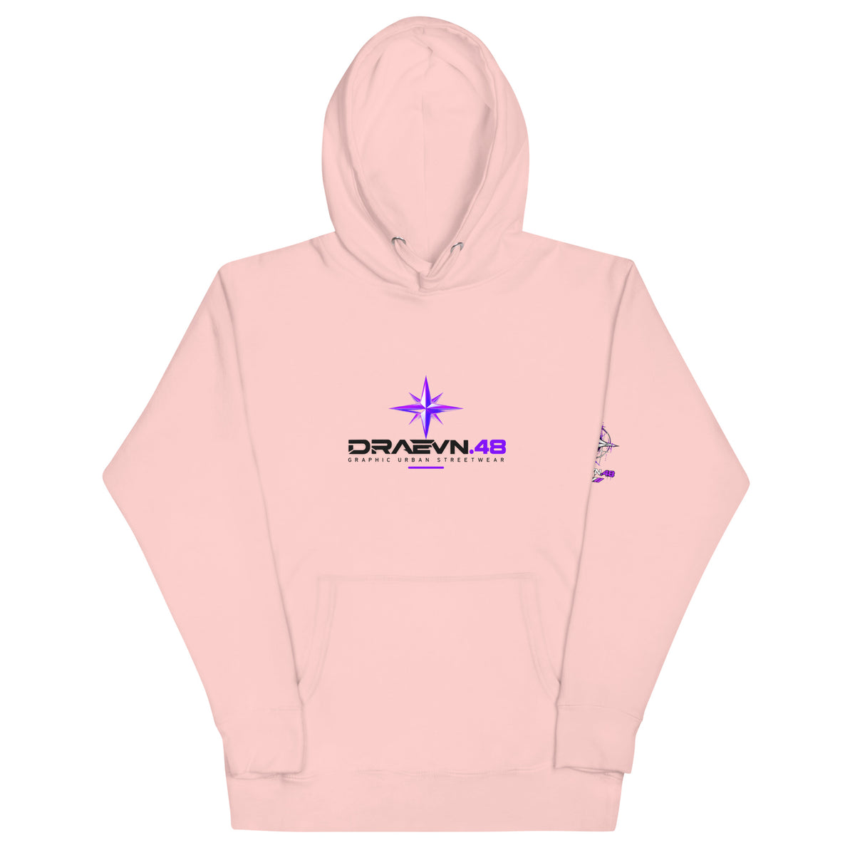 DRAEVN.48 — Drop 001 Graphic Hoodie – Light Pink, front view