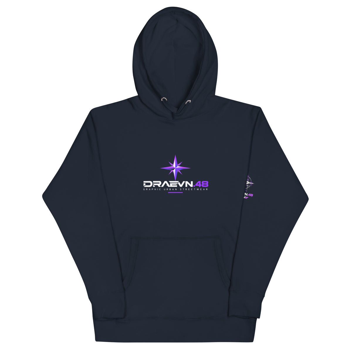 DRAEVN.48 — Drop 001 Graphic Hoodie – Navy Blazer, front view